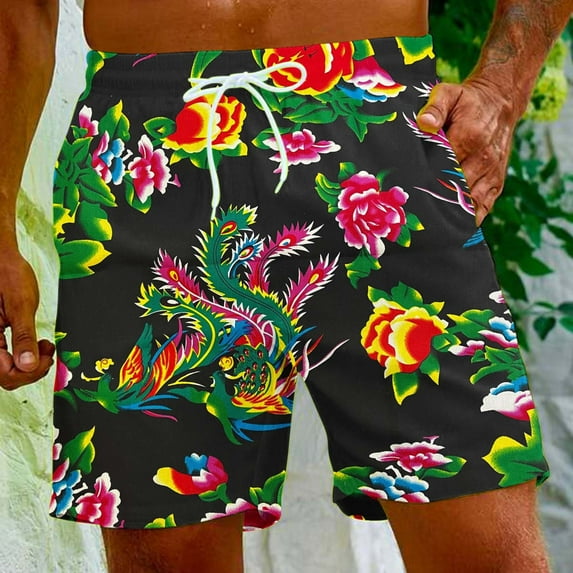 Herrnalise Men's Shorts Casual Chinese Traditional Northeast Floral Gown Print Elastic Waist Drawstring Lightweight Summer Beach Shorts