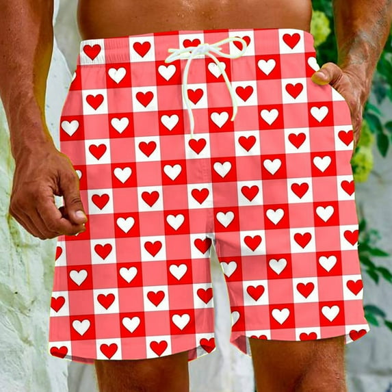 Herrnalise Men's Shorts Casual Red Heart Print Elastic Waist Drawstring Lightweight Summer Beach Shorts