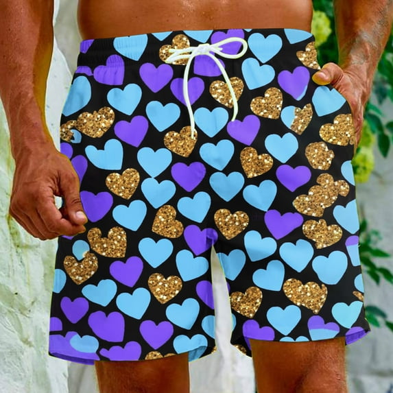 Herrnalise Men's Shorts Casual Red Heart Print Elastic Waist Drawstring Lightweight Summer Beach Shorts