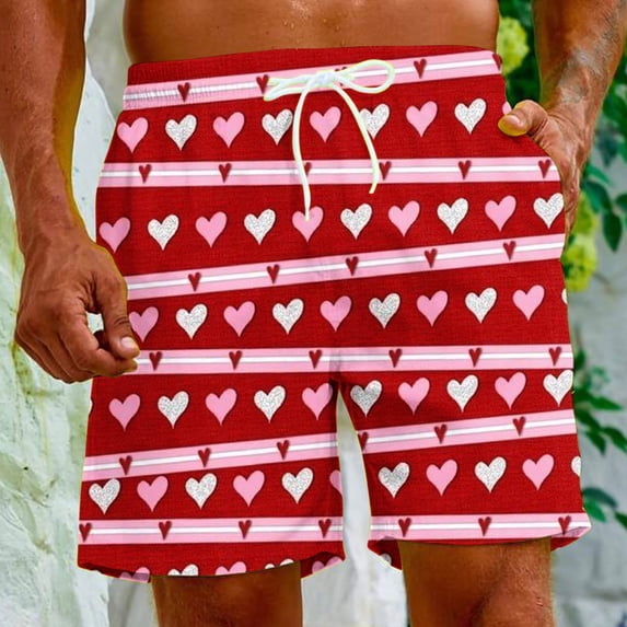 Herrnalise Men's Shorts Casual Red Heart Print Elastic Waist Drawstring Lightweight Summer Beach Shorts