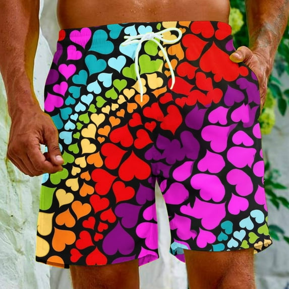 Herrnalise Men's Shorts Casual Red Heart Print Elastic Waist Drawstring Lightweight Summer Beach Shorts