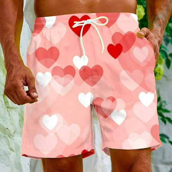Herrnalise Men's Shorts Casual Red Heart Print Elastic Waist Drawstring Lightweight Summer Beach Shorts