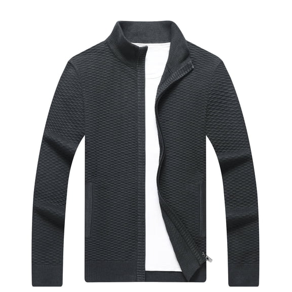 Herrnalise Men's Solid Color Casual Standing Collar Knit Cardigan Sweater Jacket Dark Gray