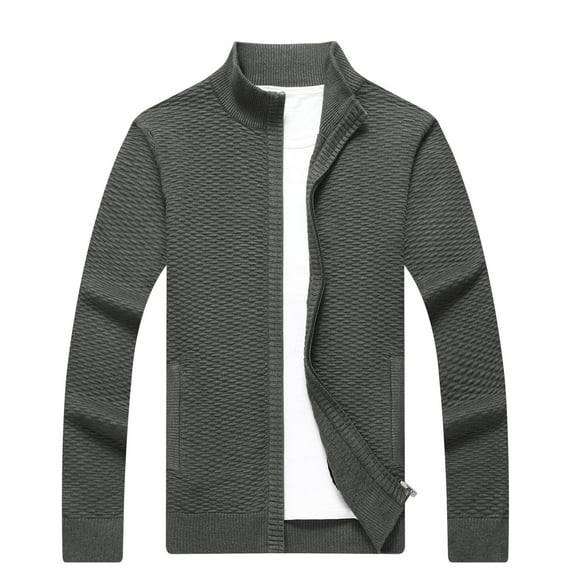 Herrnalise Men's Solid Color Casual Standing Collar Knit Cardigan Sweater Jacket Green