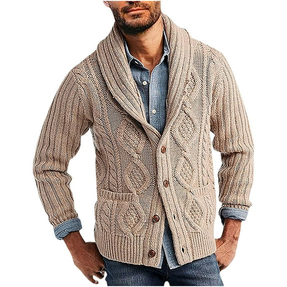 Herrnalise Men's Stand Collar Cardigan Sweaters Button Down Cable Knitted Sweater Fashion Outdoor Autumn Outdoor Ethnic Style Geometric Print Coat Khaki