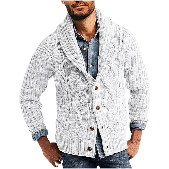 Herrnalise Men's Stand Collar Cardigan Sweaters Button Down Cable Knitted Sweater Fashion Outdoor Autumn Outdoor Ethnic Style Geometric Print Coat White