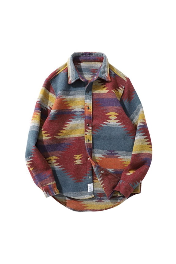 Men's Standing Collar Shirt Jacket Fashion Outdoor Spring And Autumn Outdoor Ethnic Geometric Print JacketRed