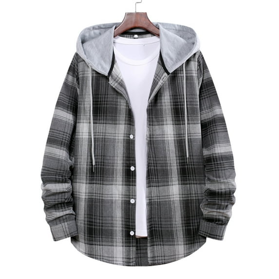 Herrnalise Men's VersatileHoodie Basic Classic Scottish CheckHooded Shirt Gray