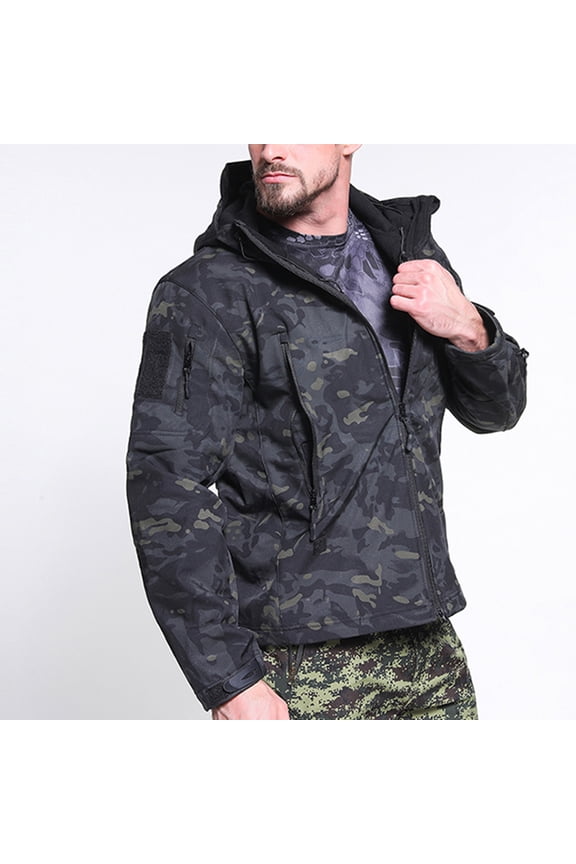 Men's Warm Fleece Waterproof Sharkskin Softshell Outdoor Punching Jacket Camouflage Clothing Black