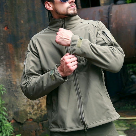 Herrnalise Men's Warm Fleece Waterproof Sharkskin Softshell Outdoor Punching Jacket Camouflage Clothing Olive Green