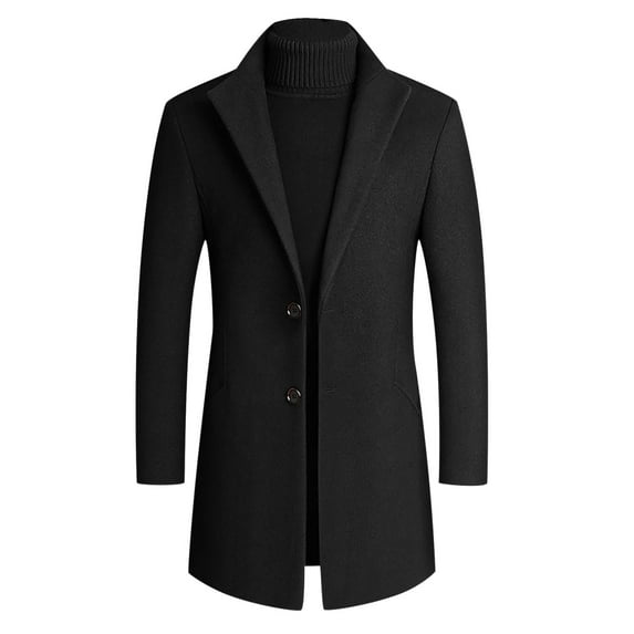 Herrnalise Men's Warm Winter Trench Coats Single-breasted Solid Color Fashion Suit Business Casual Suit Wool Coat Black