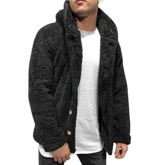 Herrnalise Men's Winter Solid Color Cardigan Long Sleeve Hooded Casual Blouse Tops Coat Black