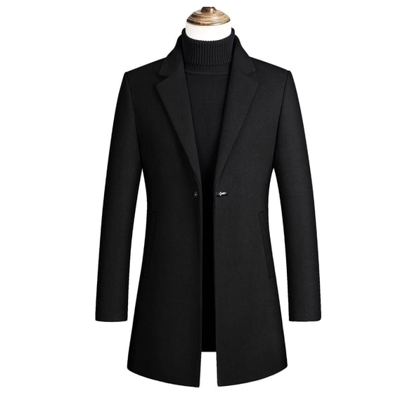 Herrnalise Men's Wool Solid Color Tweed Button Down Lapel Coat Jacket Black