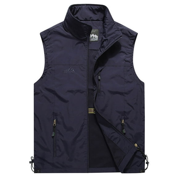 Herrnalise Men's Work Clothes Jacket Solid Color Stand Collar Multiple Pockets Outdoor Sports Photography Leisure Vest Coat Dark Blue