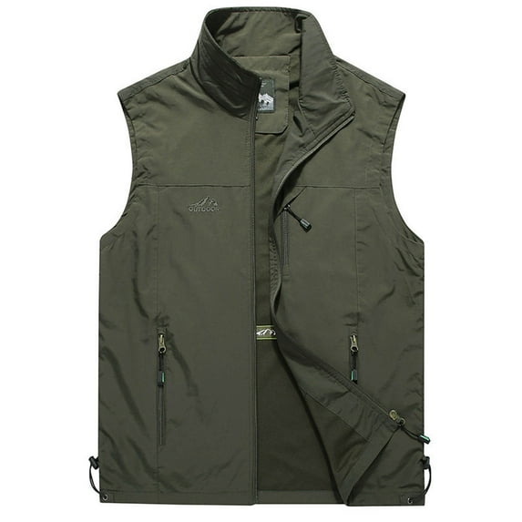 Herrnalise Men's Work Clothes Jacket Solid Color Stand Collar Multiple Pockets Outdoor Sports Photography Leisure Vest Coat Olive Green