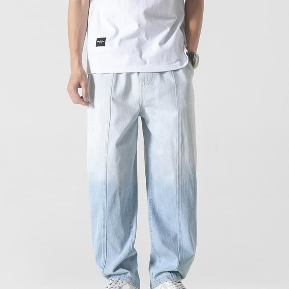 Herrnalise Men's Work Jeans Casual Hip Hop Cargo Solid Color Loose Fit Straight Wide Leg Cotton Denim Pants with Zipper M-5XL