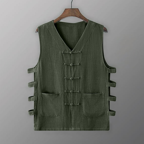 Herrnalise Men's Workout Shirts Men Casual Solid Waistcoat Cotton And Linen Undershirt Vintage Buckle Sleeveless