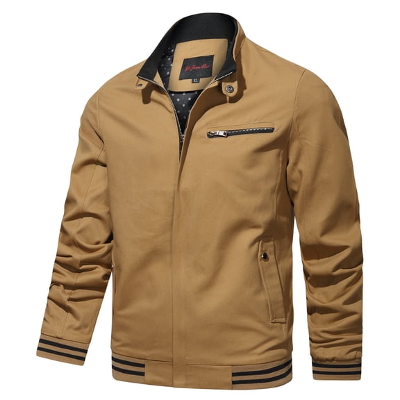 Herrnalise Men's fall and winter fashion casual solid color jacket zipper pockets stand-up collar jacket Khaki