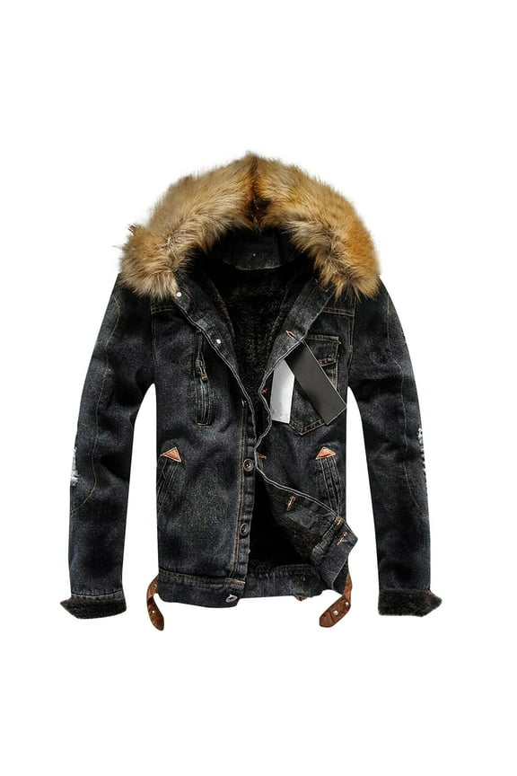 Men's faux fur Collar Winter Cargo Jacket Casual Denim Jacket And Velvet Stand-collar Single-breasted Jacket Coat Black