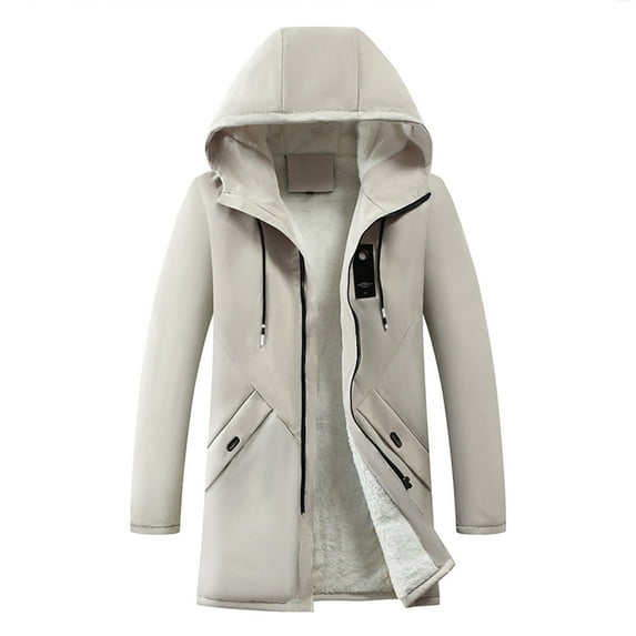 Holloyiver Men's faux fur CollarHooded Casual SolidHooded ZipperHooded Mid Length Long Sleeve Jacket Coats M-4XL Beige