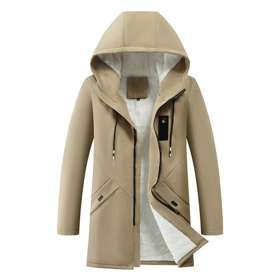 Holloyiver Men's faux fur CollarHooded Casual SolidHooded ZipperHooded Mid Length Long Sleeve Jacket Coats M-4XL Khaki