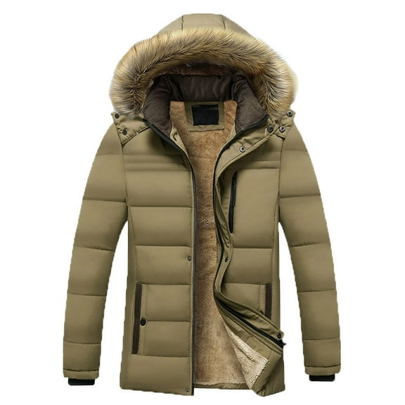 Herrnalise Men's faux fur CollarHooded Solid Casual Mid Length Thickening Keep Warm Zipper Pocket Jacket Coats M-5XL Khaki