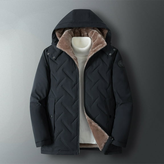 Herrnalise Men's faux fur CollarHooded Solid Casual ThickenHooded Zipper Winter Keep Warm WindproofHardiness Jacket Coats Black
