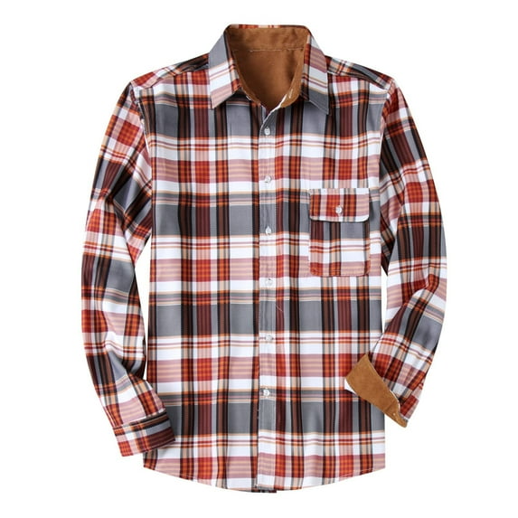Herrnalise Men's plaid shirt casual long-sleeved button lapel jacket fashion Slim winter warm shirtRed
