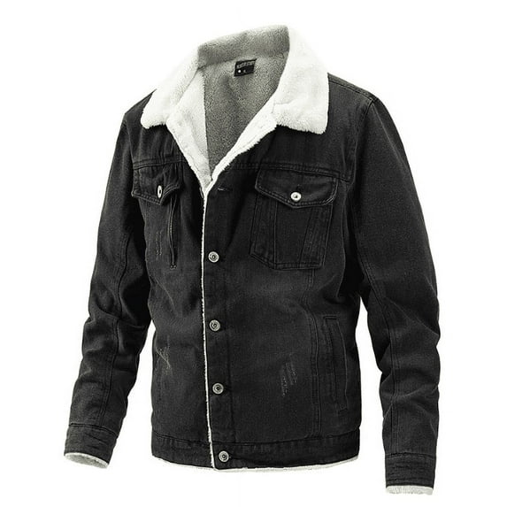 Herrnalise Men's winter medium-length lambswool denim jacket padded warm jacket casual coat Black