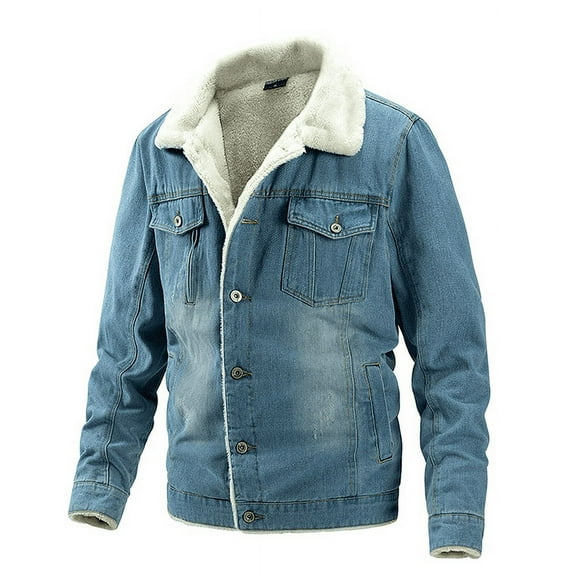 Herrnalise Men's winter medium-length lambswool denim jacket padded warm jacket casual coat Blue