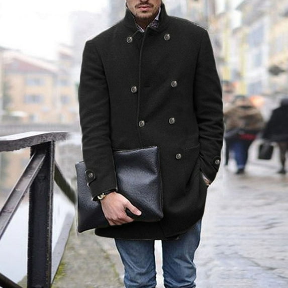 Herrnalise Men's winter suit collar double-breasted fashion solid color coat jacket Black
