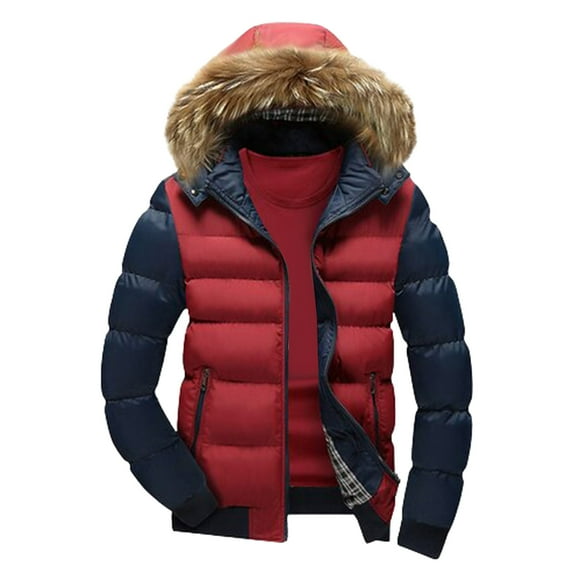 Herrnalise Men'sHooded Color Blocking Winter Casual Thickened Cotton Jacket WatermelonRed