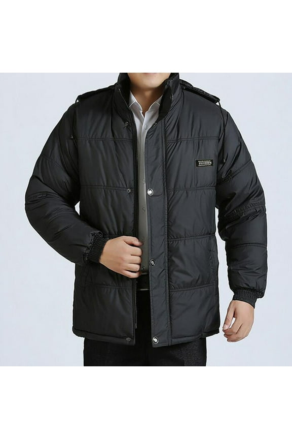 Men'sHooded Winter Coat Casual Solid WinterHooded Stand-up Collar ZipperHat Detachable Pocket Lamb Wool Thicken Coat XL-3XL Black