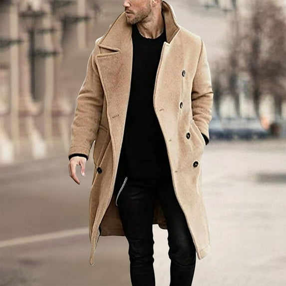 Herrnalise Mens Faux Fur Coat Single-breasted Warm Cotton-padded Jacket Long Coat Solid Color Men Long Sleeve Hoodless Casual Outwear & Jackets Long Trench Coat Motorcycle Jakcet