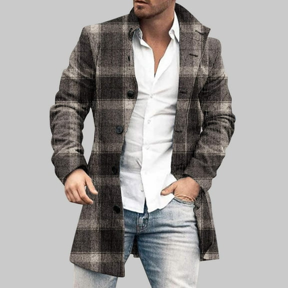 Herrnalise Mens Faux Fur Coat Winter Fashion Printed Slim Long Sleeve Single-breasted Woolen Trench Coat Tops Long Trench Coat Motorcycle Jakcet