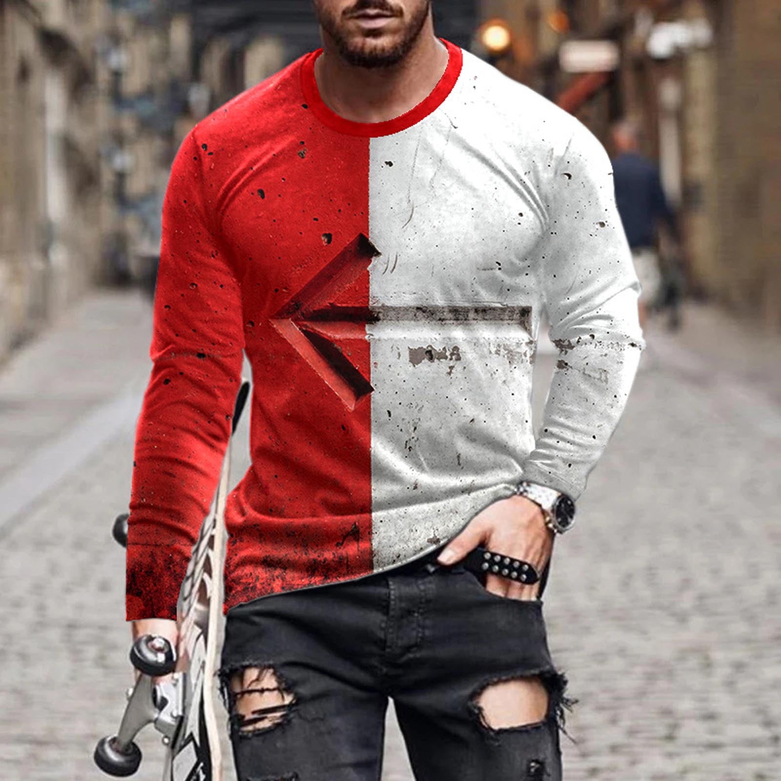 Lilgiuy Men Long Sleeve Printing Round Neck Pullover T Shirt