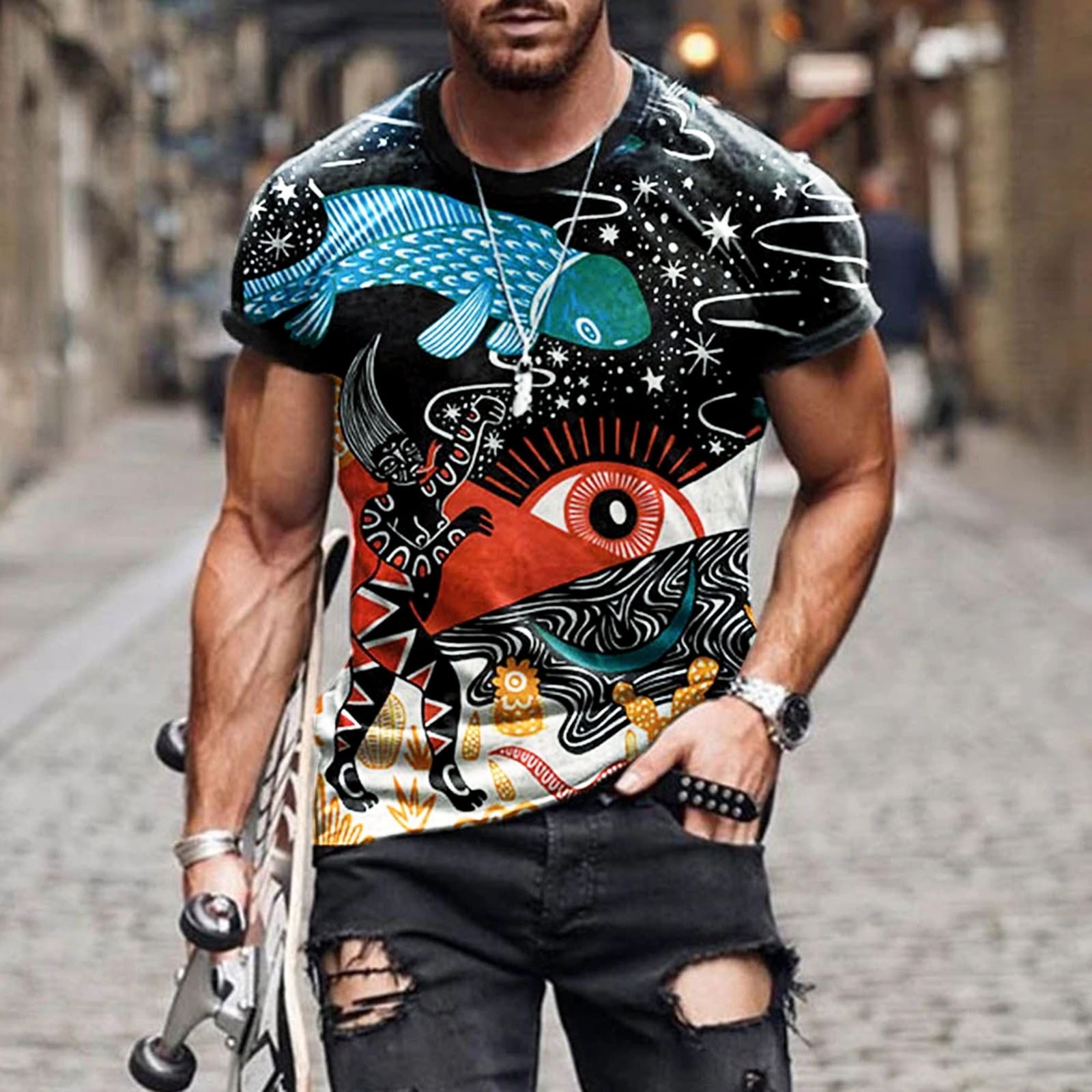 Herrnalise Mens Hipster Hip Hop All Over Graphic Longline T-Shirt Men  Spring Summer Casual Slim 3D Printed Short Sleeve T Shirt Top Blouse 