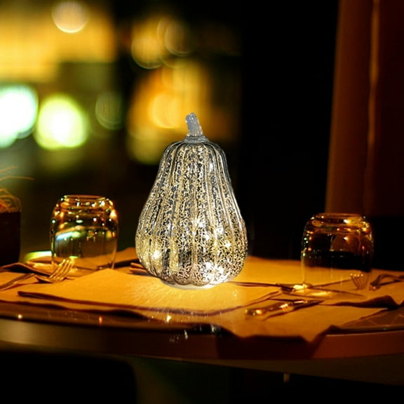 Herrnalise Mercury Silver Glass Pumpkin with Timer Lights for Home Decoration, Glass Pumkin for Halloween Harvest Festival, Glass for Christmas Decorations(Silver)