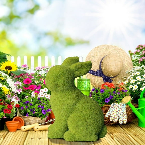 Herrnalise Moss Flocked Bunny Easter Decorations for The Home, Faux Moss Rabbit Resin Bunnies, Grass Bunny Figurine for Baskets Table and Yard Decor-A