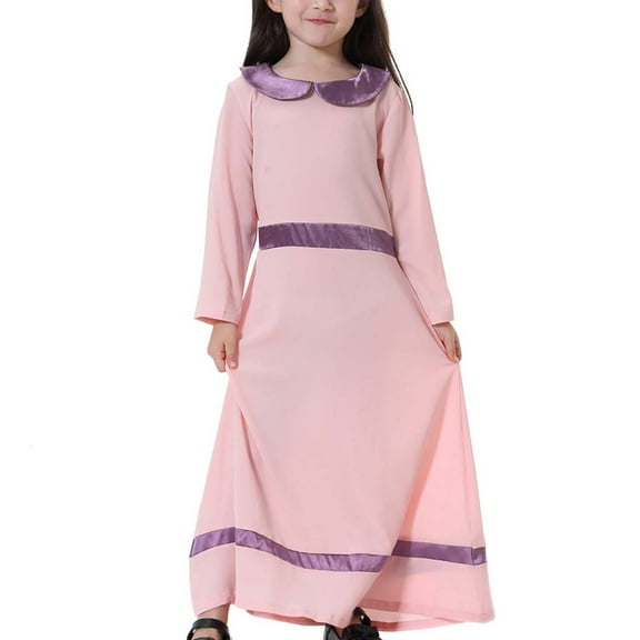 Herrnalise Muslim Long Dress Medium Big Girls Long Sleeve Doll Collar Colorblock Dress toddler clothes