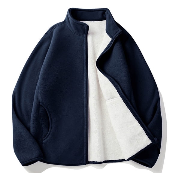 Herrnalise New Casual Fashion Men's Thickened Warm Lamb Velvet Cotton Jacket Stand Matching Sweater Coat Dark Blue