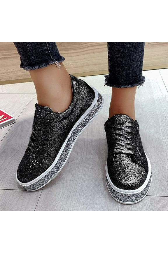 New Style Sequined Flat Lace-up Casual Women's Single Shoes Shallow Mouth Platform Shoes Women's Shoes under $30