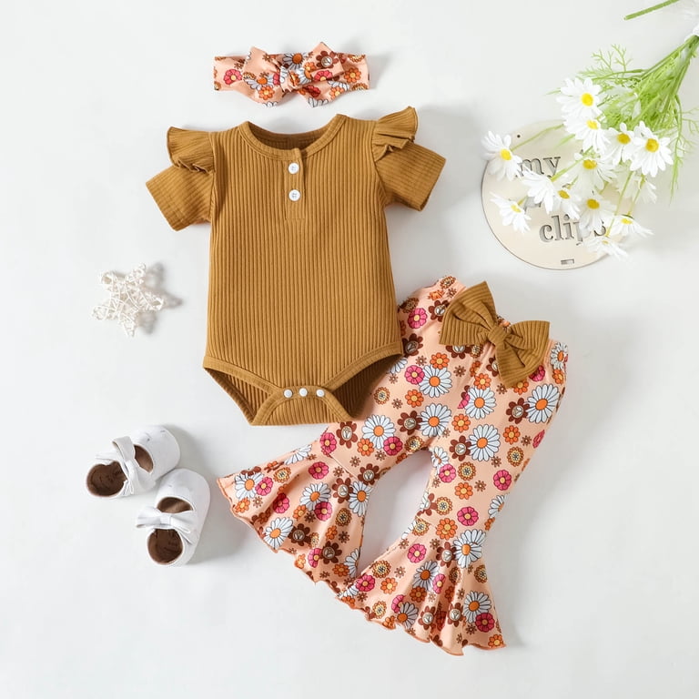 Herrnalise Newborn Baby Girl Short Sleeve Bodysuit Flared Pants