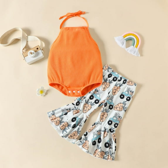 Herrnalise Newborn Baby Girl Summer ClothesRibbedRomper+Easter Bunny/Egg/Carrot Flared Pants Infant Outifts 0-24 Months
