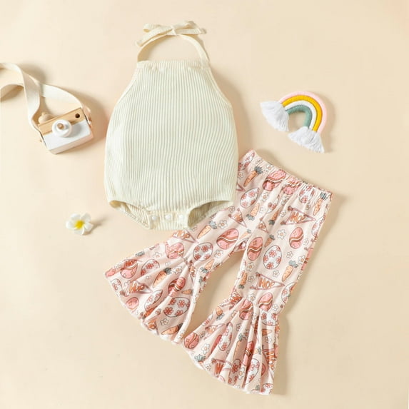 Herrnalise Newborn Baby Girl Summer ClothesRibbedRomper+Easter Bunny/Egg/Carrot Flared Pants Infant Outifts 0-24 Months