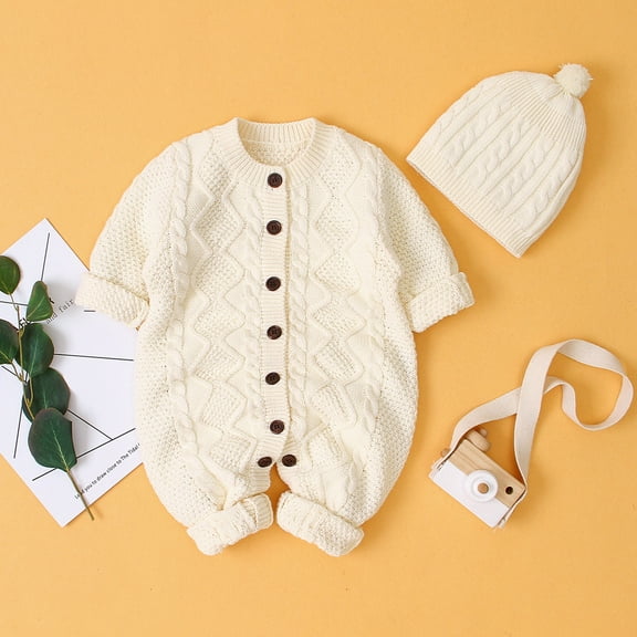 Herrnalise Newborn Baby Girls Boys Winter Warm Knit Outwear Sweater Romper Jumpsuit Hat Set