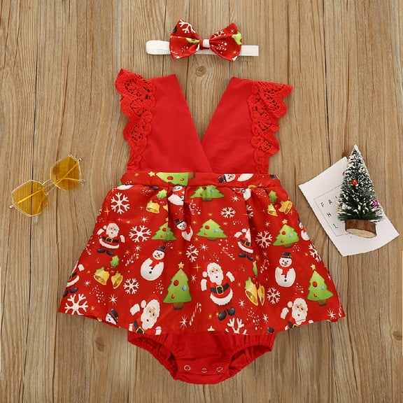 Herrnalise Newborn Baby Girls Christmas Suspender Dress Romper Bodysuit Hairband Set rollbacks