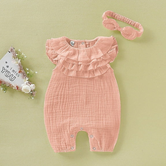 Herrnalise Newborn Baby Kid Girls Solid Sleeveless Jumpsuit Romper Headband Clothes Outfits