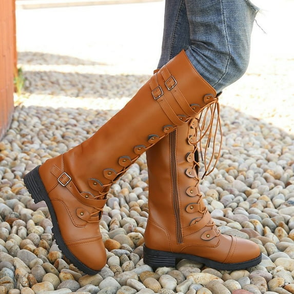 QISIWOLE Women's Shoes Laceing Hasp Low Heel Zipper Fashion Leather High Knight Boots Savings !