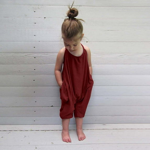 QISIWOLE Toddler Baby Girl Jumpsuits Summer Solid-color Strap Romper Pants With Pockets Savings